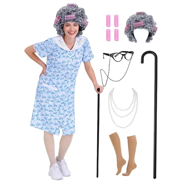 Amazon.com: Tuoweey 9PC Women Adult Old Lady Costume adult 100 Days of  School Granny Grandma Wig Nightgown Dress Set (Pink, S/M) : Clothing, Shoes  & Jewelry