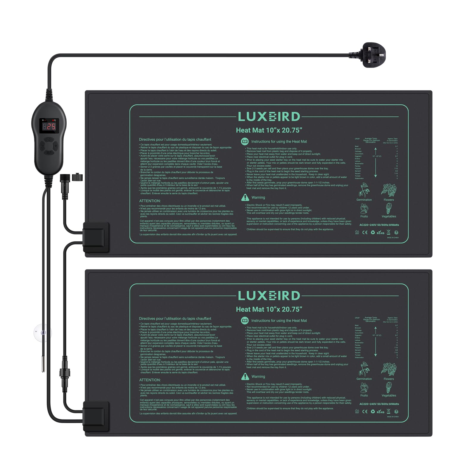LUXBIRD 2 Pack Seedling Heat Mats with Digital Thermostat Controller, 10" x 20.75" Waterproof Plant Heating Mats Combo, for Seed Starting, Germination, Hydroponics, Brewing, Breeding, Greenhouses
