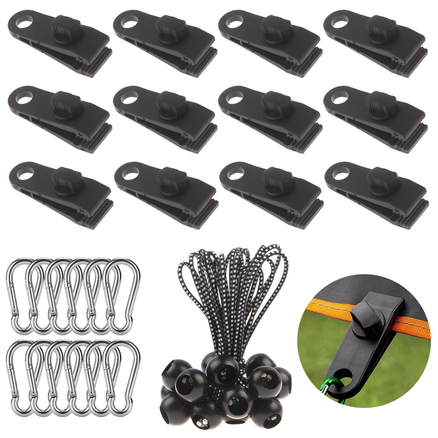 12 Tent Fixing Clips, 12 Rings and 12 Rubber Ball Tent Tools, Used to Fix Tarp Tarp, Camping Clip, Tarp Tarp, Pool Cover, Boat Tarp