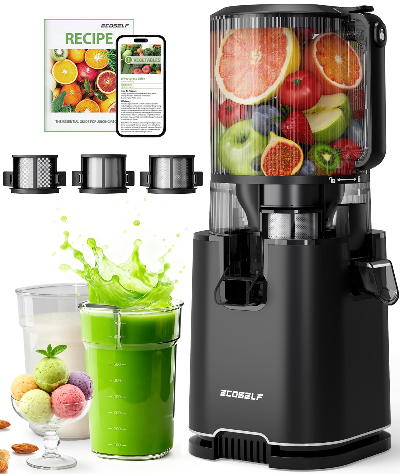 Photo 1 of ECOSELF Cold Press Juicer with 3 Filters (For Juice/Sorbet/Nut Milk), Juicer Machines With 6.0" Wide Mouth Hopper, Self Feeding & Hands-Free Design, Upgraded Motor, Juicer for Family Gathering Party