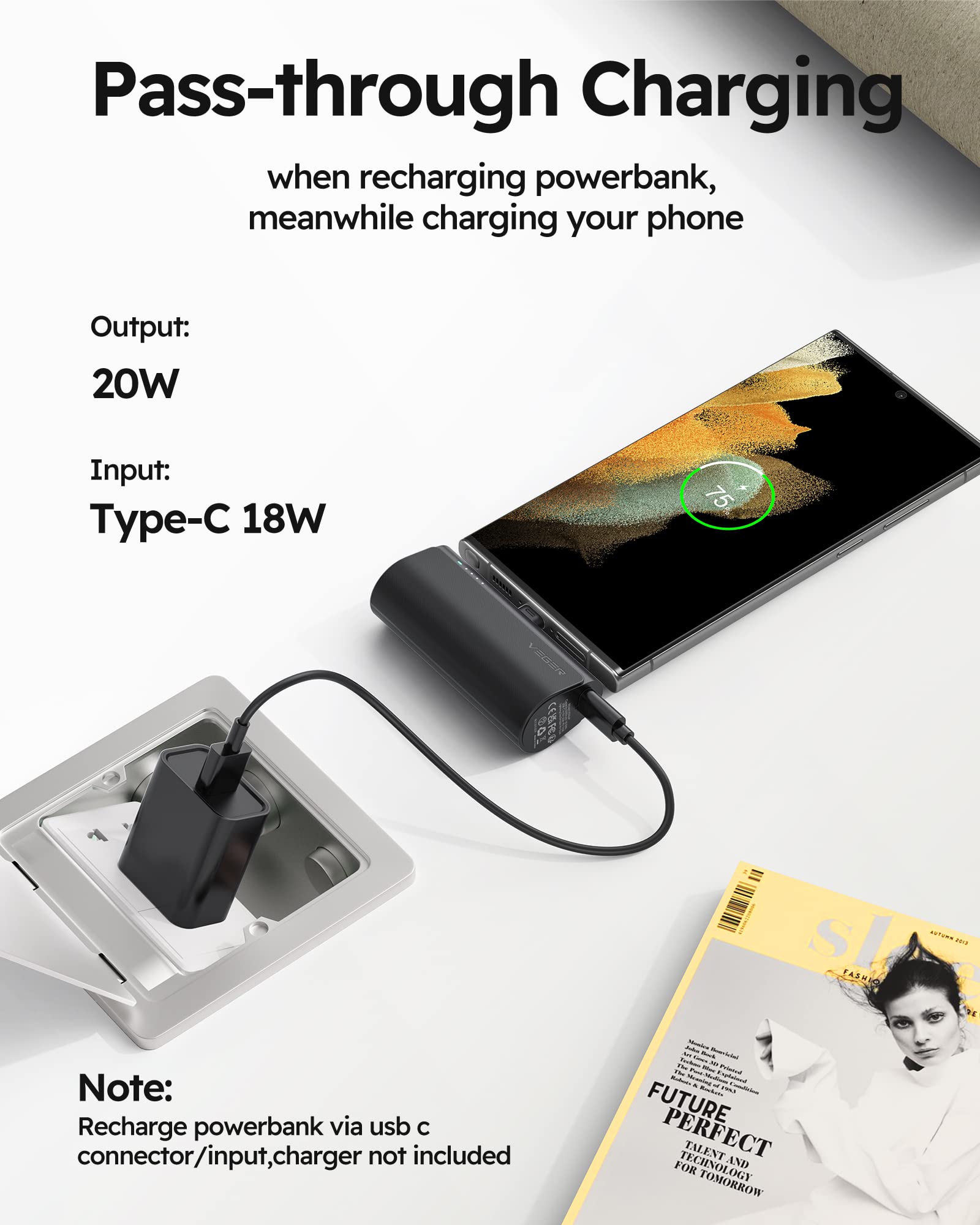 VEGER Portable Charger, USB C Power Bank, 5000mAh Mini Battery Pack Fast Charging 20W Small Charging Bank for iPhone 16/16 Pro/16 Pro Max/15, Samsung Galaxy S25, S24, S23, Note 20, Pixel, Moto, LG