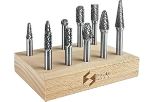 PRO EDGE TECHNOLOGY Carbide Burr Set 1/4" Shanks, Head Dia 1/4"-5/16", 10Pcs Double Cut Rotary Tools, Cutting Burrs Die Grinder Bits for Metal, Wood, Stone, Steel Grinding, Deburring, Carving, Porting