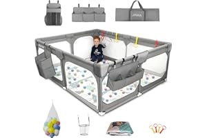 JINXIA Baby Playpen with Mat 75"*59", Extra Large Playpen for Babies and Toddlers with Storage Bag, BPA-Free, Non-Toxic, Safe No Gaps Playards for Babies, Sturdy Safety Play Yard for Indoor Outdoor Fun, Grey