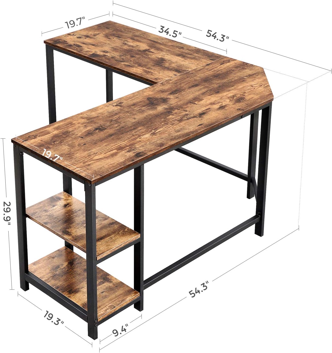 VASAGLE L-Shaped Computer Desk, Corner Desk, 54-Inch Writing Study Workstation with Shelves for Home Office, Gaming Table, Space-Saving, Easy to Assemble, Industrial, Rustic Brown and Black ULWD72X: Furniture & Decor