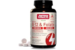 Jarrow Formulas Ultra Strength Methyl B-12 5000 mcg & Methyl Folate 800 mcg + P-5-P, Dietary Supplement for Cellular Energy Metabolism and Cardiovascular Support, 60 Chewable Tablets, 60 Day Supply