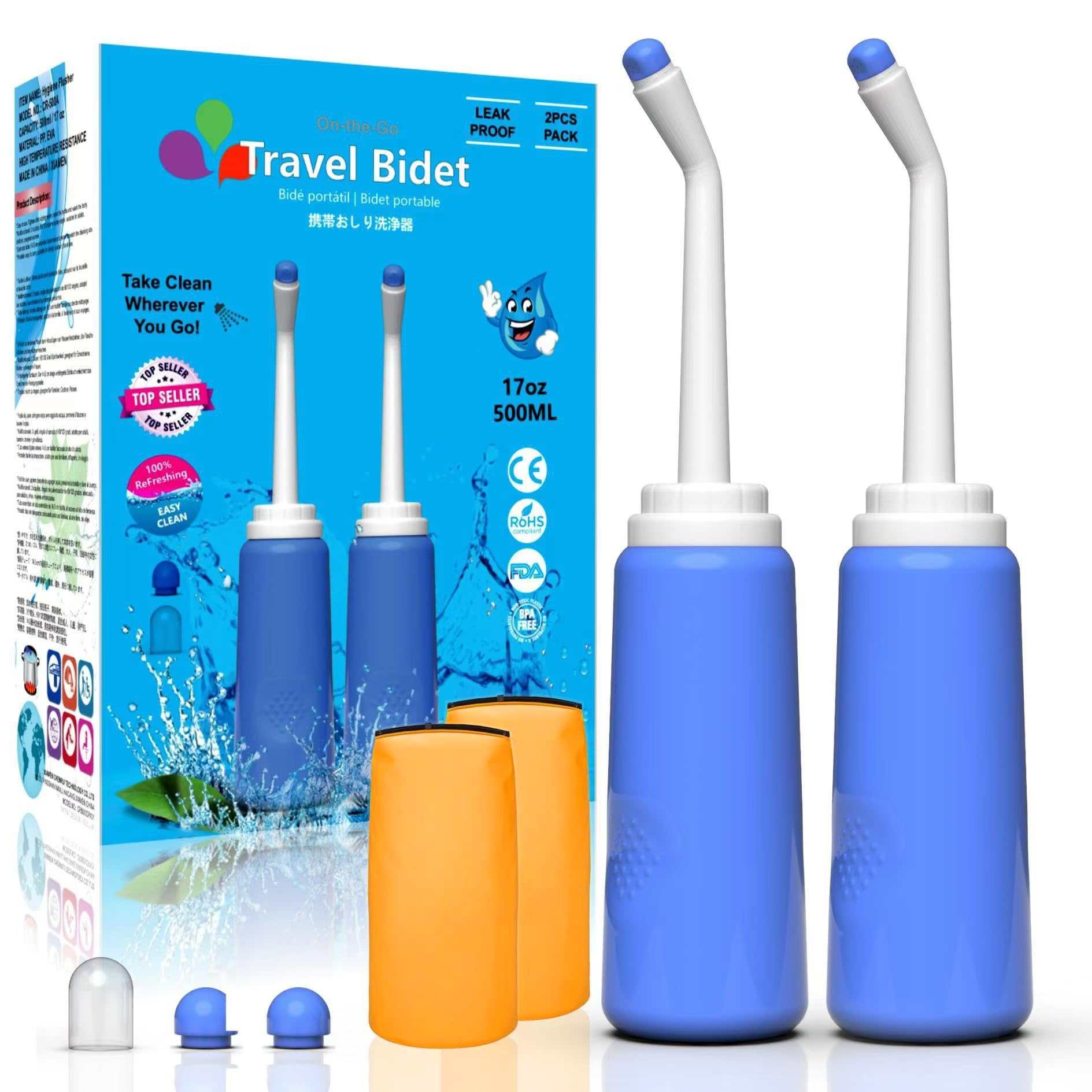 2 Pack Portable Bidet Sprayer Peri Bottle, Number-one Travel Bidet Bottle 500ml 17oz Personal Hygiene Care Toilet Bidet Shower with 2 Nozzles, Dust Cap and Storage Bag for PostPartum Care and Recovery