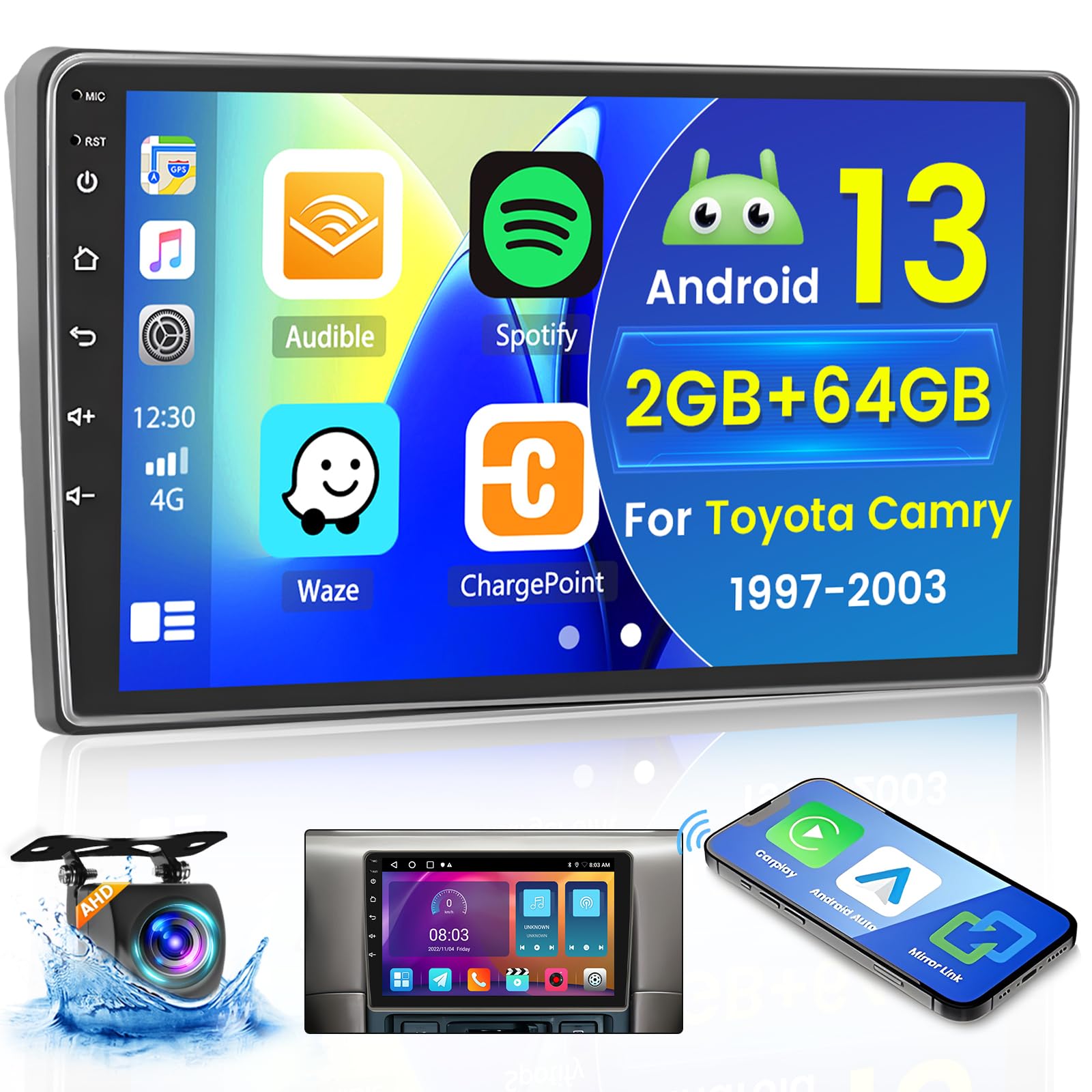 Photo 1 of Hikity for Toyota Camry 1997 1998 1999 2000 2001 2002 2003 Android Car Stereo Radio Wireless Carplay Android Auto, 2+64G 9 Inch Touchscreen Radio WiFi GPS Navigation Bluetooth FM RDS EQ Mirror Link