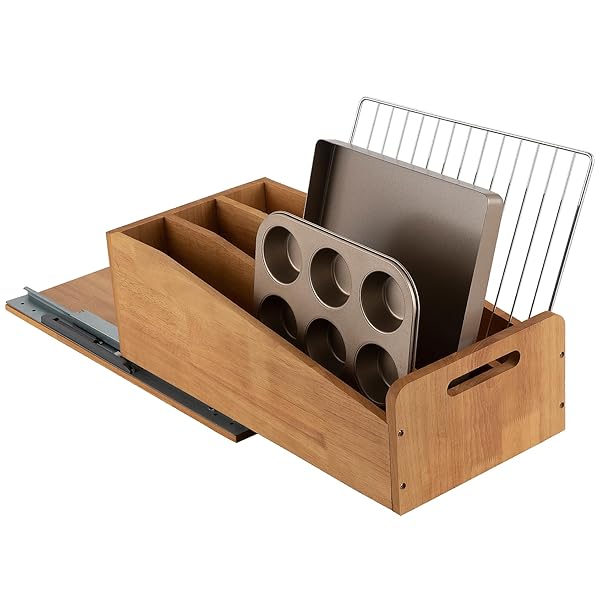 DINDON PULL OUT CABINET ORGANIZER FOR PANS, COOKIE SHEET, BAKEWARE, CUTTING BOARD, SLIDE OUT KITCHEN CABINET STORAGE ORGANIZER RACK, 10.5”W X 21″D X 7.5″H, WOOD