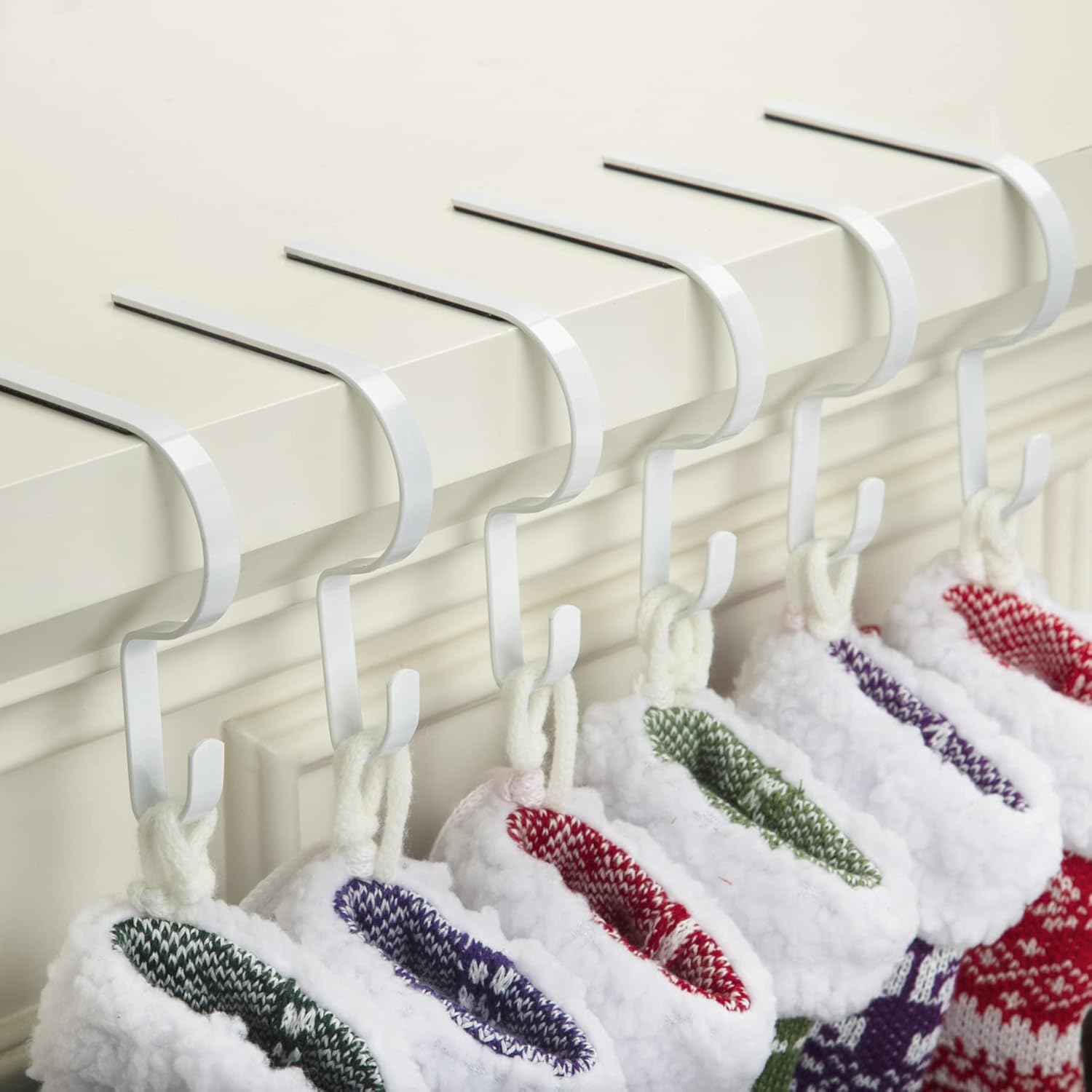 Stockings & Holders - Christmas Stocking Holders for Mantel Set of 6, Damage-Free Mantel Hooks Hangers for Stockings with Non-Slip Rubber Pad, Multi-use for Fireplace/Table/Shelf (White 6 Pack)