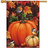 Louise Maelys Welcome Fall Garden Flag 28x40 Inch Thanksgiving Pumpkin and birds Large Burlap Double Sided Outdoor Yard Flag Autumn Outside House Decoration (Only Flag)
