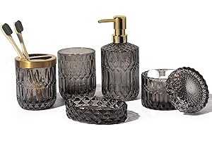 EMPO 6PCS Bathroom Clear Glass Accessories Set (Lotion Soap Dispenser, Soap Dish, Toothbrush Holder, Tumbler, Cotton Swab Jar) Contemporary Modern Decor Crystal Clear Vintage Gift (6pcs Gray)