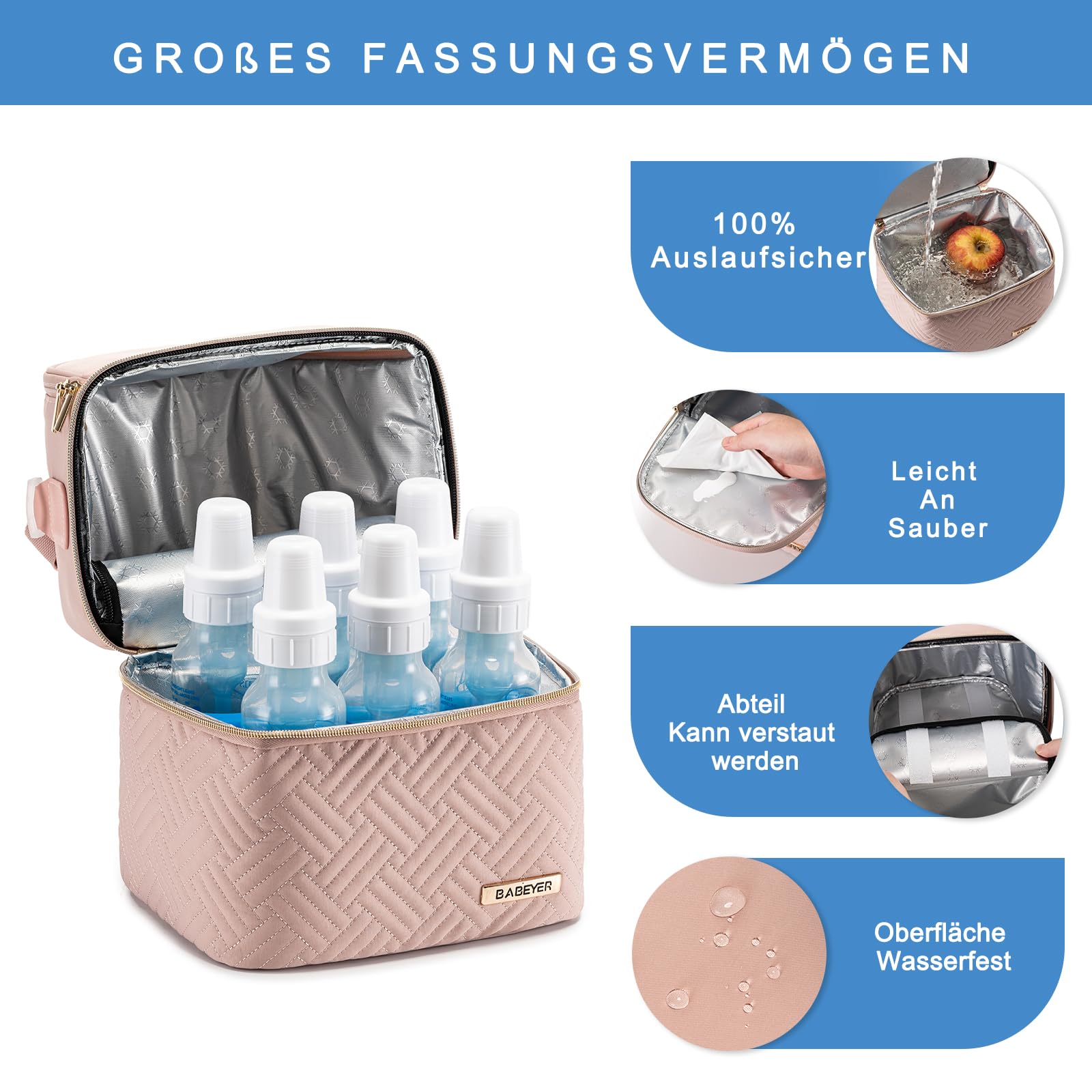 BABEYER Muttermilch-Kühltasche mit Kühlakku für 6 Babyflaschen bis 270 ml, Muttermilchpumpen-Kühltasche mit Schultergurt für stillende Mütter Kindertagesstätte, Arbeit, Reise-Rosa 4