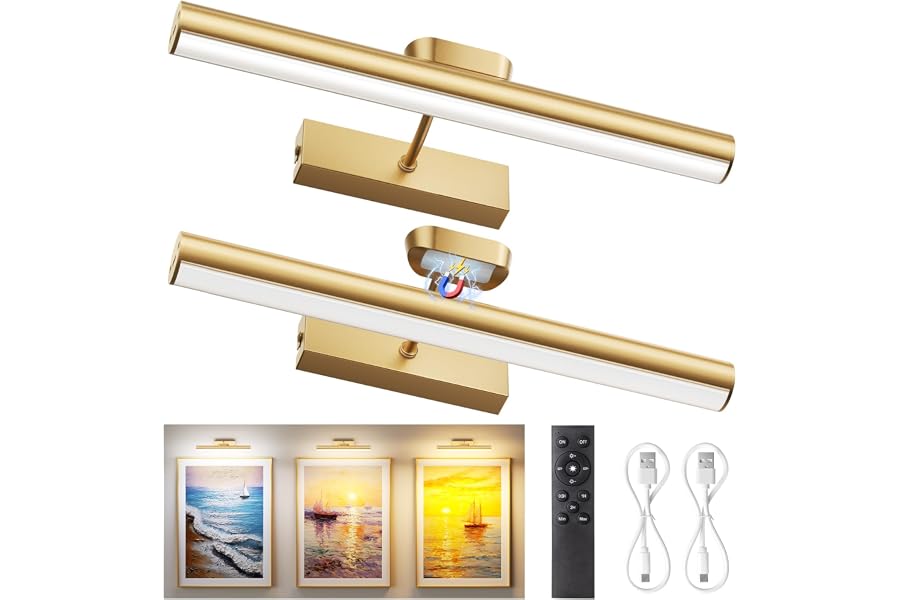 Percantis 13.8" Cordless Picture Light for wall, Gold, 2 Pack | 4000mAh Rechargeable art lights, RF Remote, Magnetic Detachable, 3-Color Dimmable, for Living Room, Bedroom, Gallery