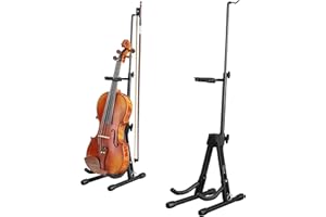 AUGIOTH New Upgraded Anti-Tipping Design in Violin Stand with Bow Holder. Adjustable height, non-slip base, and protective head lock. Foldable and portable design for violins, violas, mandolins, and ukuleles.（Black）