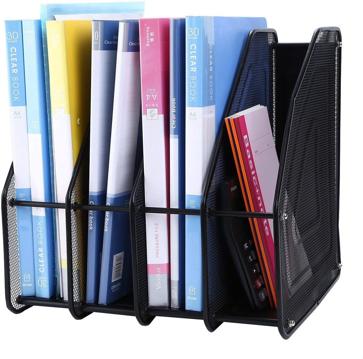 JD9 Metal Mesh 4 Compartments File Rack Paper Holder Desktop File Holders Organizers Document Cabinet Rack Display and Storage Organizer Box for F/C Size Documents, Magazines, Note (Black)