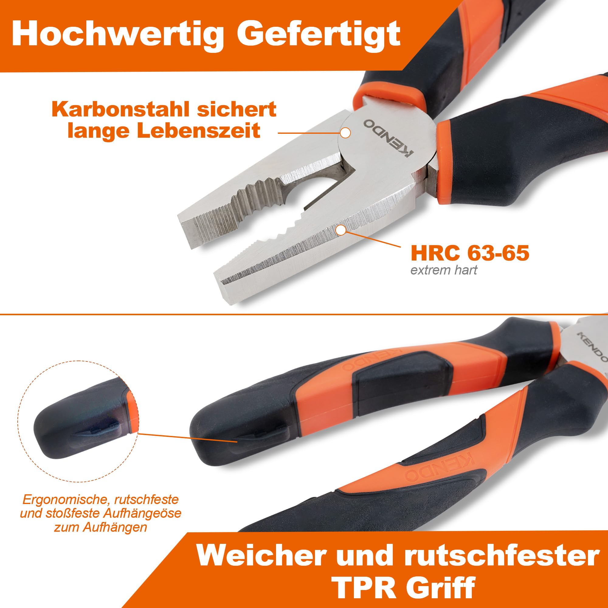 KENDO Zangenset 3-teilig – Kombizange, Spitzzange & Seitenschneider – Zangen Set Werkstatt aus gehärtetem C55-Werkzeugstahl mit ergonomischen griffen – Zangenköpfe Nickel-Eisen-Beschichtung 3