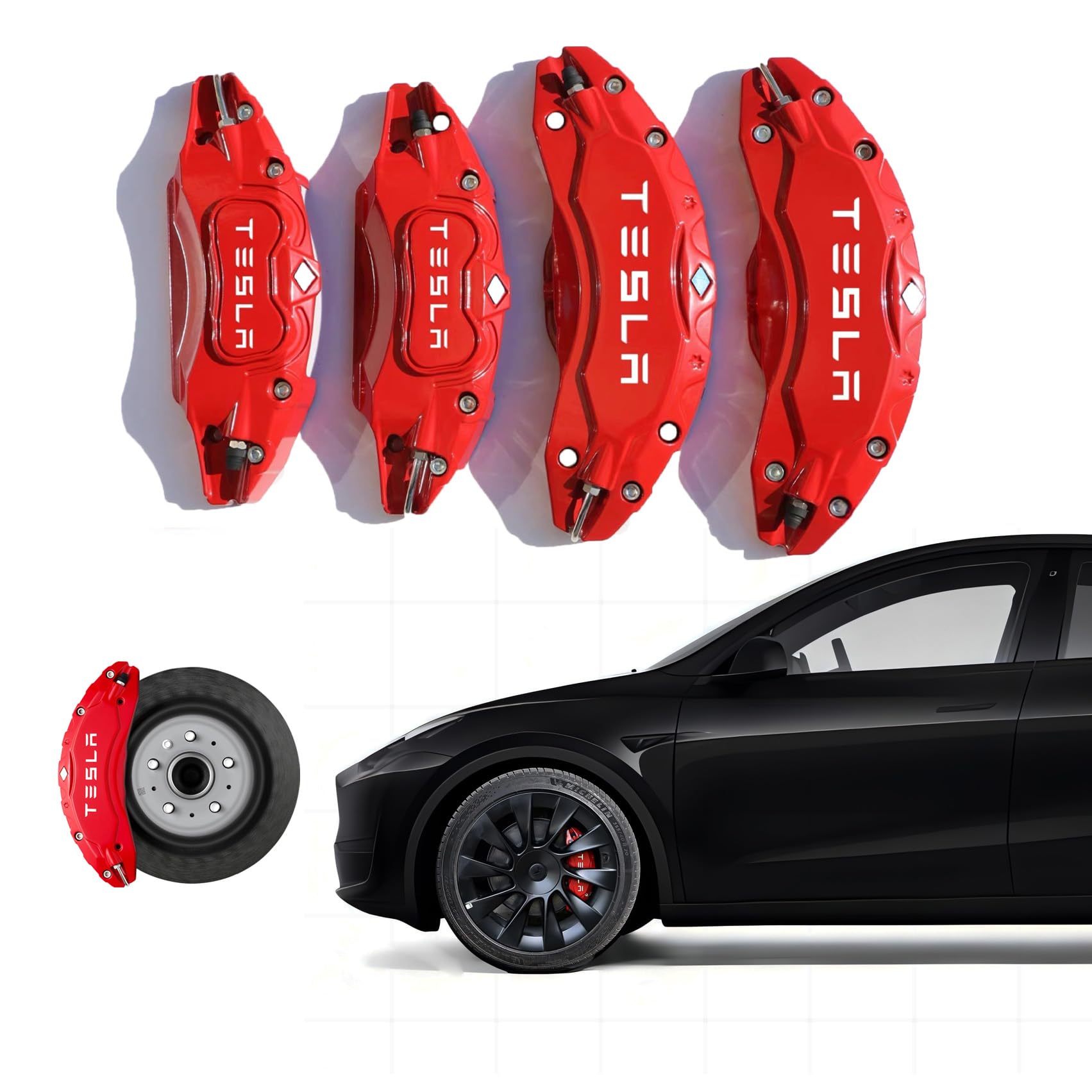 Photo 1 of Caliper Covers for Compatible with for Tesla Model Y Accessories, 2020-2024 19 20 Inch Wheel Hub Front and Rear Brake Caliper Covers - Red Front and Rear Brake Not for Model 3 (Model Y 2020-2024)