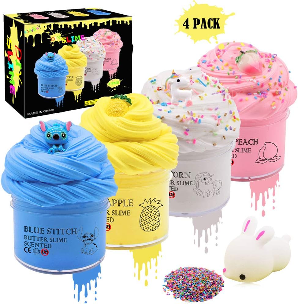 4 Pack Butter Slime with Scent, Strong Plasticity Slime Kit with Stitch