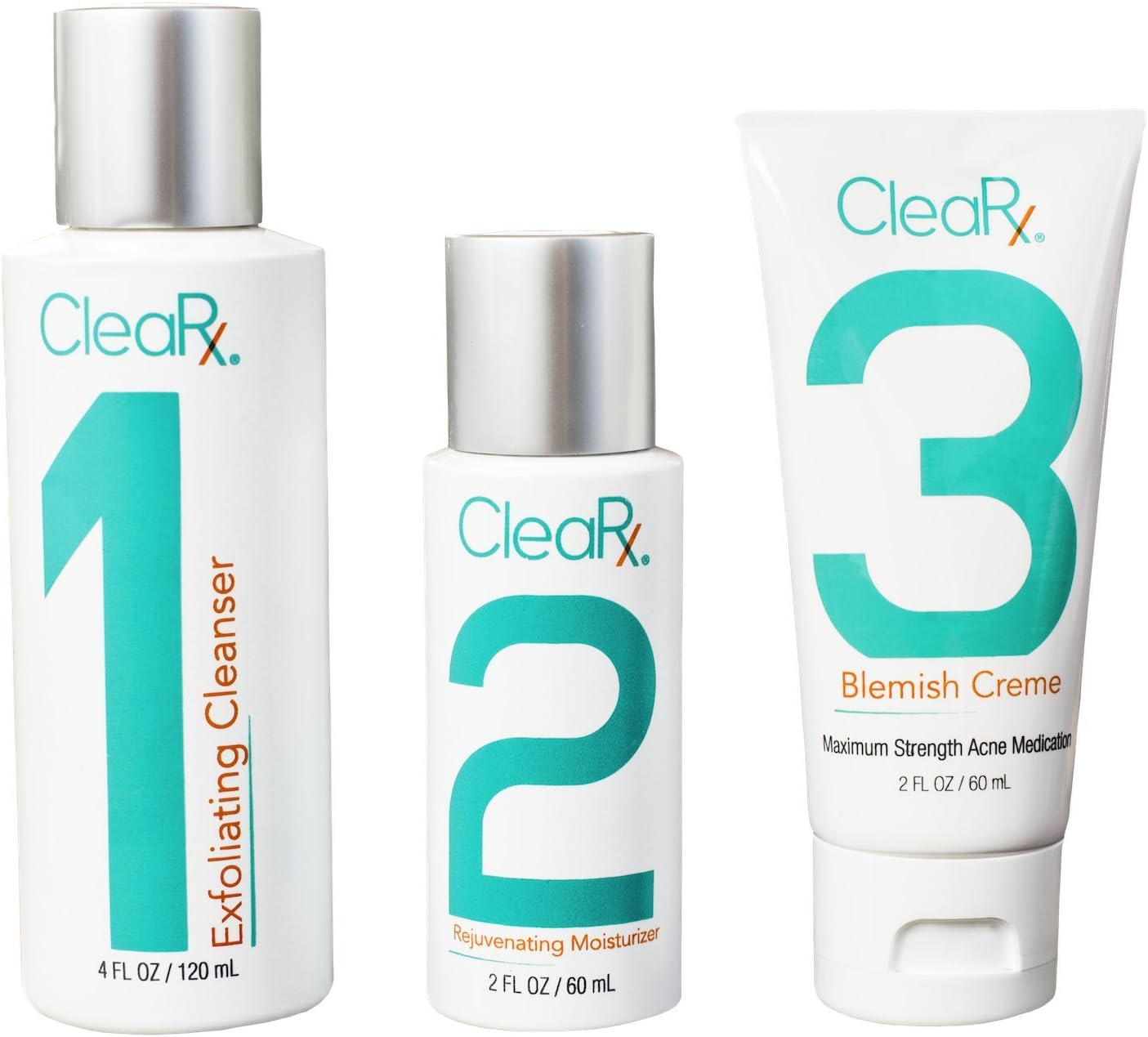 CleaRx 3-Step Maximum Strength Moderate to Severe & Stubborn Acne Treatment Medication, Cleanser and Moisturizer Regimen for Adults, Teens & Hormonal Breakouts (60 Day Supply)