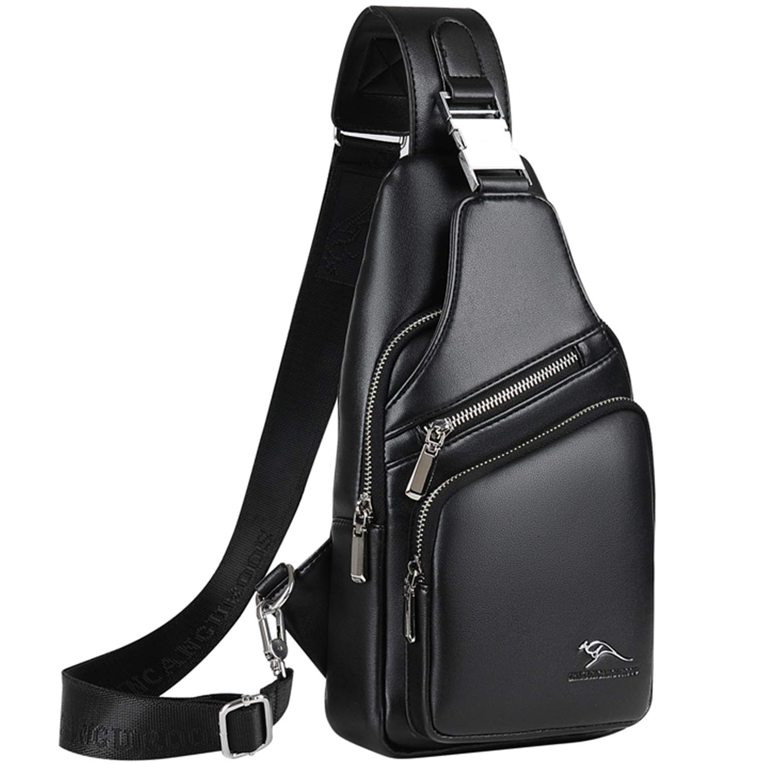 QXuan Men's Sling Bag Vintage Genuine Leather Backpack Purse Anti-theft with USB Charging Port and Headphone Hole,Small Chest Shoulder Bags Daypack for Outdoor Casual Sport Travel (Black 2)