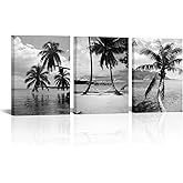 Black and White Canvas Wall Art Tropical Palm Tree Wall Art Villa Beach Landscape Picture Painting Giclee Printed for Bathroom Office Wall Decoration Stretched and Framed Ready to Hang 12"x16"x3