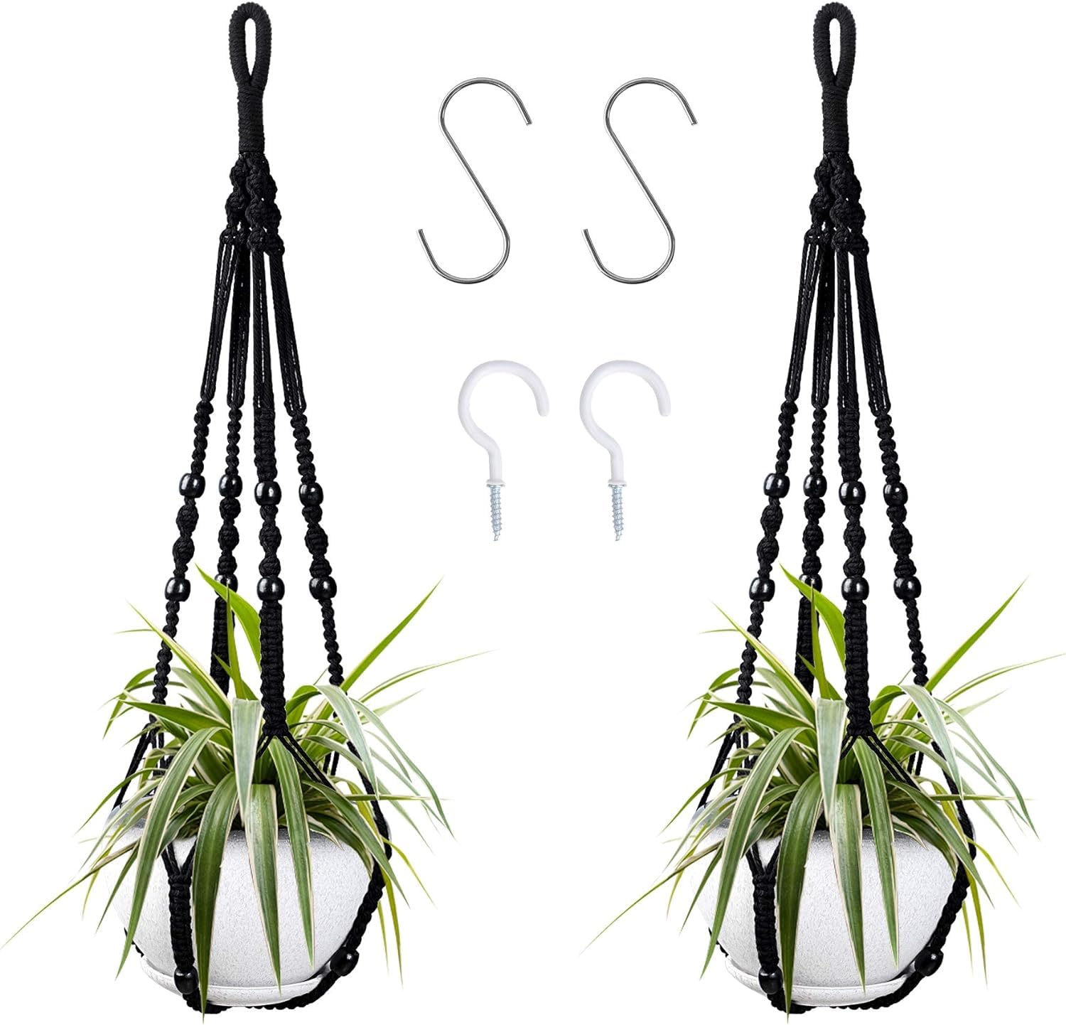 NEW-YIJUNSHUN Macrame Hanging Planter, 2 Pack Indoor/Outdoor Decor Handmade Plant Holder With 4 Hanging Hooks (Black)