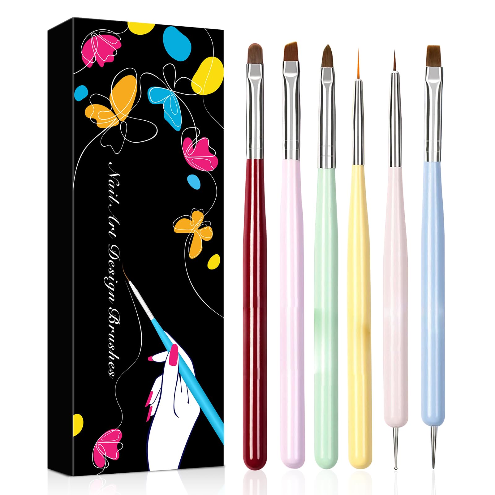Nail Art Brushes Set, 6pcs Gel Polish Nail Art Design Pen Painting Kit, Nail Art Liner Brush and Nail Dotting Pen
