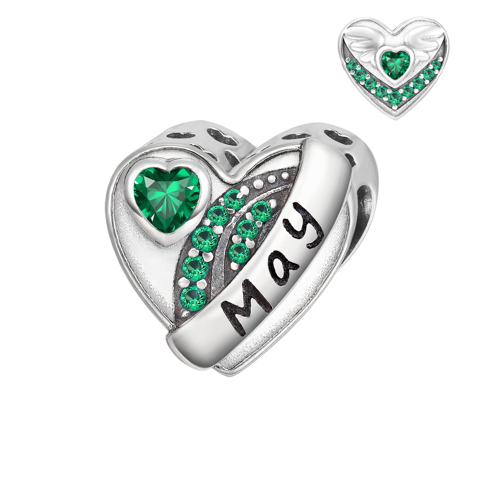 Qings May Birthstone Charms for Bracelet Sterling Silver 925 Love Heart Emerald Green Birth Stone Angle Wing Cubic Zirconia Bead Charm Fit for Bracelets Necklace Mother’s Day Gifts for Mother