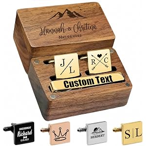 Custom Monogram Cufflinks for Men - Personalized Initial Cuff Links & Tie Clip Set with Engraved Wood Box - Wedding Gifts for