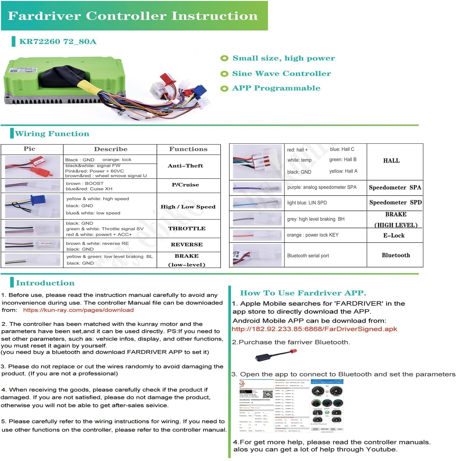 Electric DC Motor 72V 3000W Motor Kit with 48V-72V Brushless Controller and Half Twist Throttle for Go-Karts Programmable Brushless Controller with Temperature Sensing Function (72V 3000W)