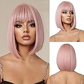 OUFEI Pink Bob Wigs for Women Short Straight Wig with Bangs Synthetic Hair Heat Resistant Wigs for Daily Party Cosplay Wear