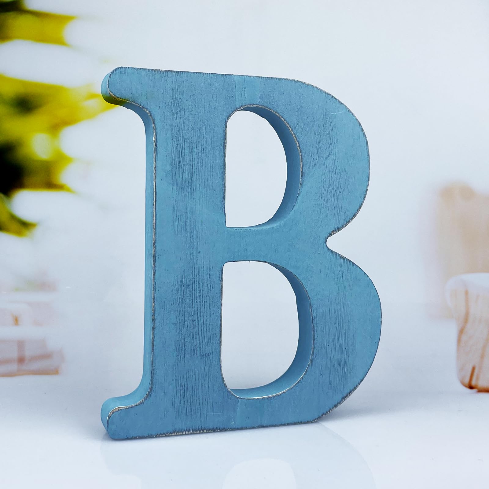 Photo 1 of WOODOUNAI 6 Inch Rustic Blue Wood Letters Unfinished Wood Letters for Wall Decorative Blue Retro Standing Letters Sign Board Decoration for Craft Home Party Projects (B)