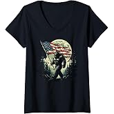Womens Big Foot Bigfoot Sasquatch American Flag Patriotic 4th July V-Neck T-Shirt