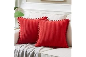 Fancy Homi Pack of 2 Red Decorative Throw Pillow Covers with Pom-poms 18 x18, Soft Corduroy Solid Square Cushion Cases Set for Couch Sofa Bedroom Car Living Room (18x18 Inch/45x45 cm, Red)