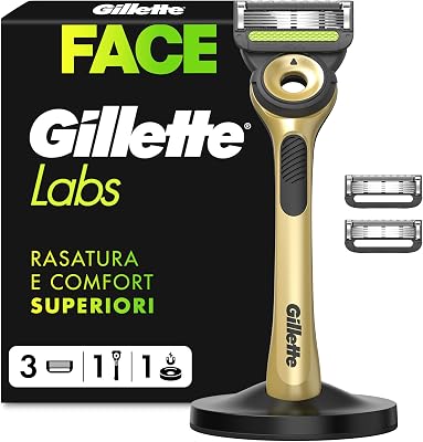 Labs Rasoio Champion Gold Edition con Pezzi di ricambio, 1 Manico Con Barra Scrub Integrata, 3 Lame Con Banda Lubrificante, 1 Supporto Magnetico