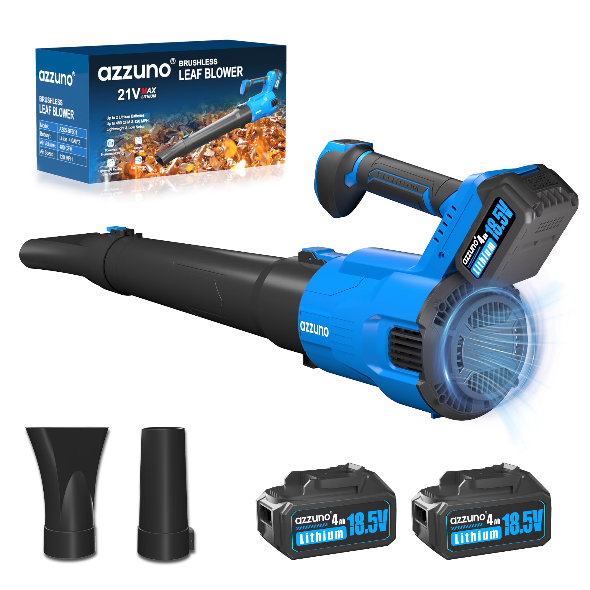 AZZUNO Cordless Brushless Leaf Blower with 2 x 4.0Ah Battery and Charger,3 Speed Mode MAX 580CFM Brushless Motor, Electric Blower for Lawn Care,Patio,Leaves,Dust,and Snow Removal