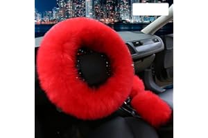 Vacallity 3 Pcs Fluffy Steering Wheel Covers, Universal Soft Comfortable Non-Slip Pure Wool Car Wheel Covers with Handbrake Cover Gear Shift Cover for Woman＆Girl,(Red)