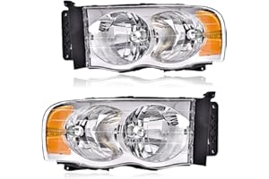 PIT66 Headlight Assembly Compatible with 2002-2005 Dodge Ram 1500/ Fit 03-05 Dodge Ram 2500 3500 Headlamp Assembly Clear lens Chrome Housing Amber Reflector
