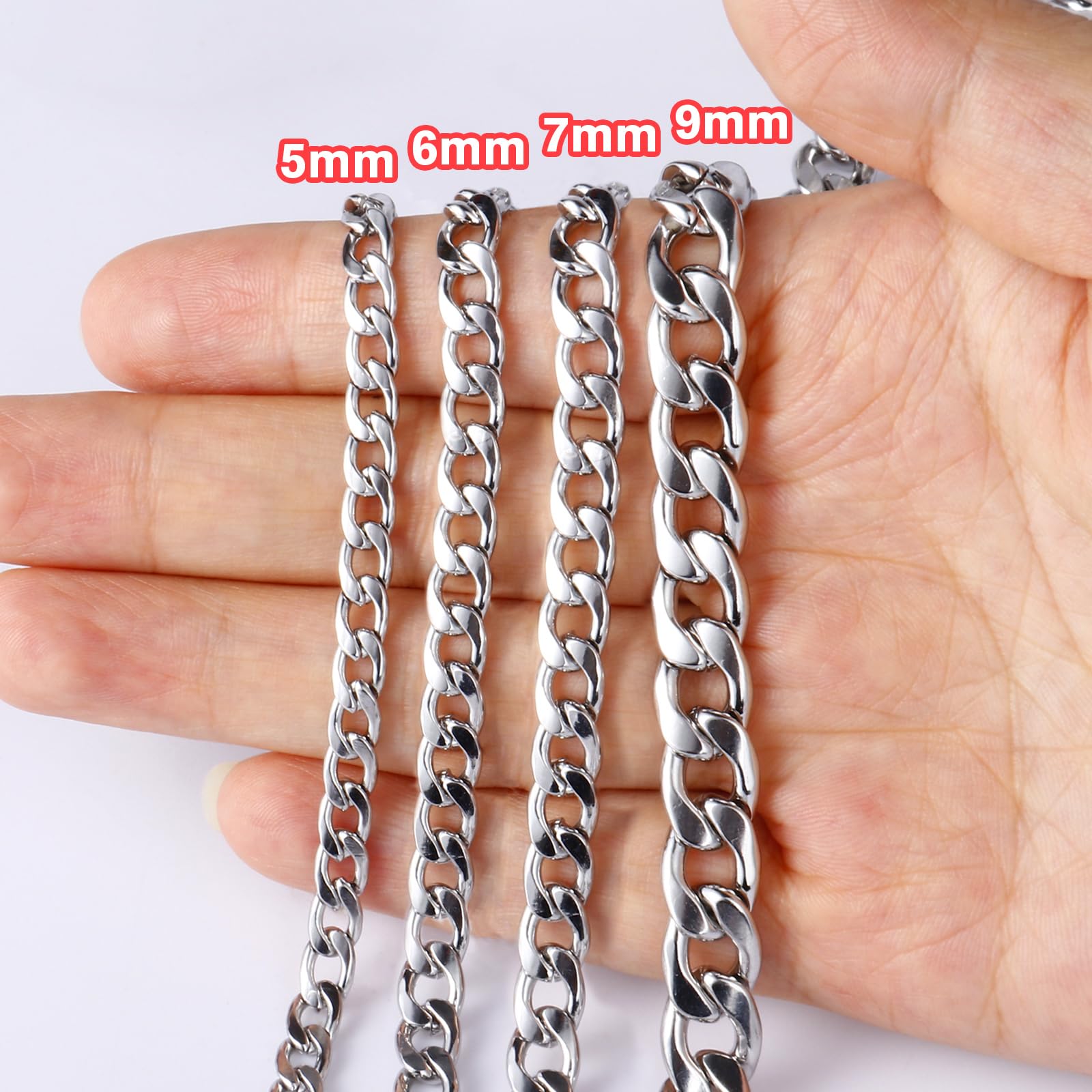 16.5 Ft Stainless Steel Curb Chains, 5mm 6mm 7mm 9mm Cuban Chain Roll Bulk for Jewelry Making