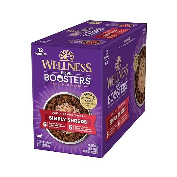 WELLNESS BOWL BOOSTERS SIMPLY SHREDS WET DOG FOOD TOPPER FOR SMALL, MEDIUM, & LARGE BREEDS, GRAIN FREE, NATURAL, CHICKEN VARIETY PACK, 2.8 OUNCE POUCH (PACK OF 12)