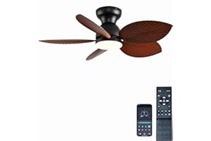 GJeg Tropical Ceiling Fans with Light, 38-inch Flush Mount Palm Leaf Ceiling Fans for Bedrooms, Indoors and Outdoors, Remote Control/APP Control, 6-Speed, Dimmable, Reversible, Chrome