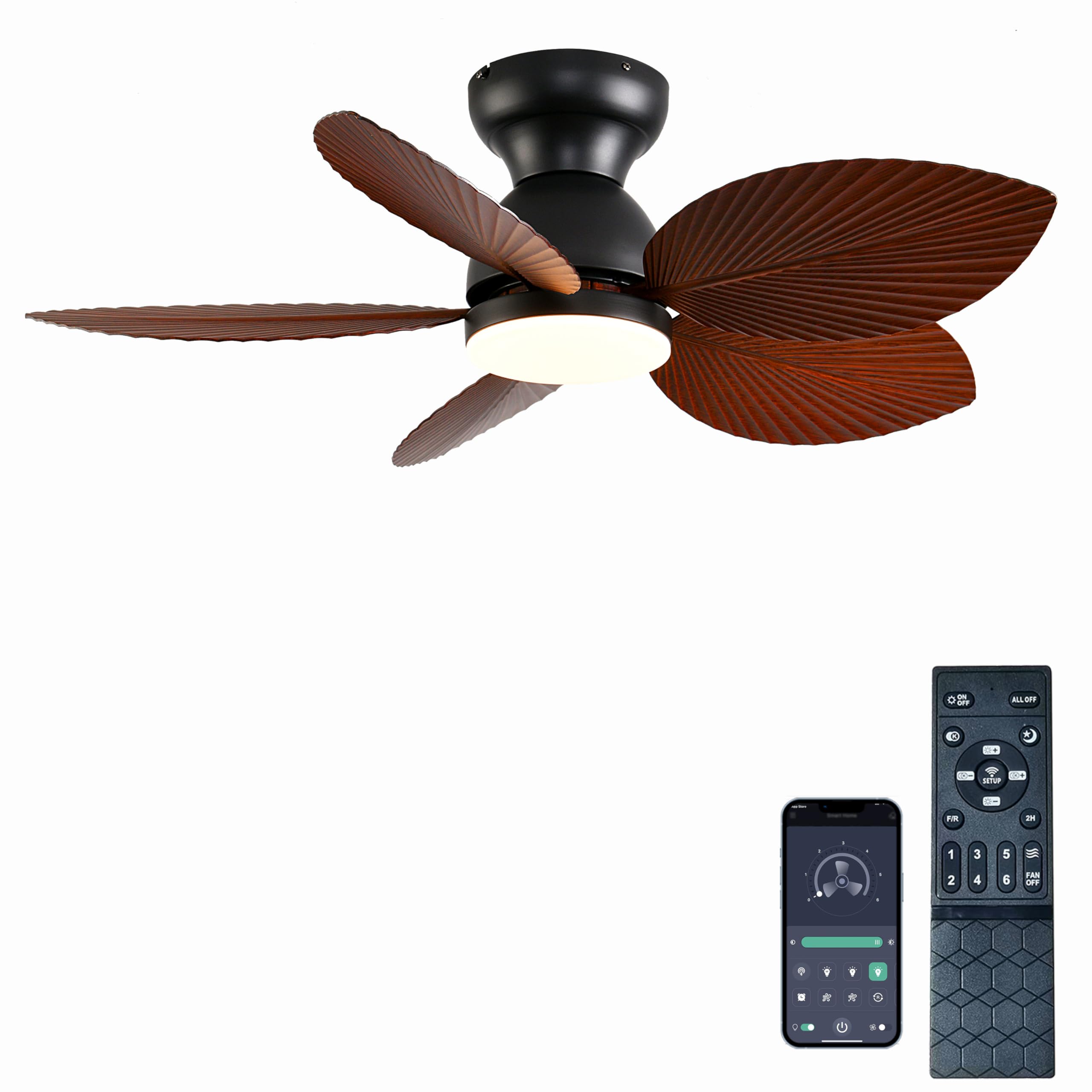 Photo 1 of Tropical Ceiling Fans with Light, 38-inch Flush Mount Palm Leaf Ceiling Fans for Bedrooms, Indoors and Outdoors
