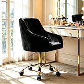 MOJAY Velvet Office Swivel Chair, Vanity Chair, Fabric Desk Chair, Pretty Fancy Chair, Gold Office Chair for Girls, 360&deg;Swivel Height Adjustable Reception Chair (Black)