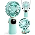 Portable Handheld Fan, 4000mAh Battery Operated Fan with LED Display, Handheld/Neck/Desk 3 in 1 Personal Small Fan, 90° Foldable Desk Fan with Base, 5 Speed Lash Fan Makeup Fan for Women Green