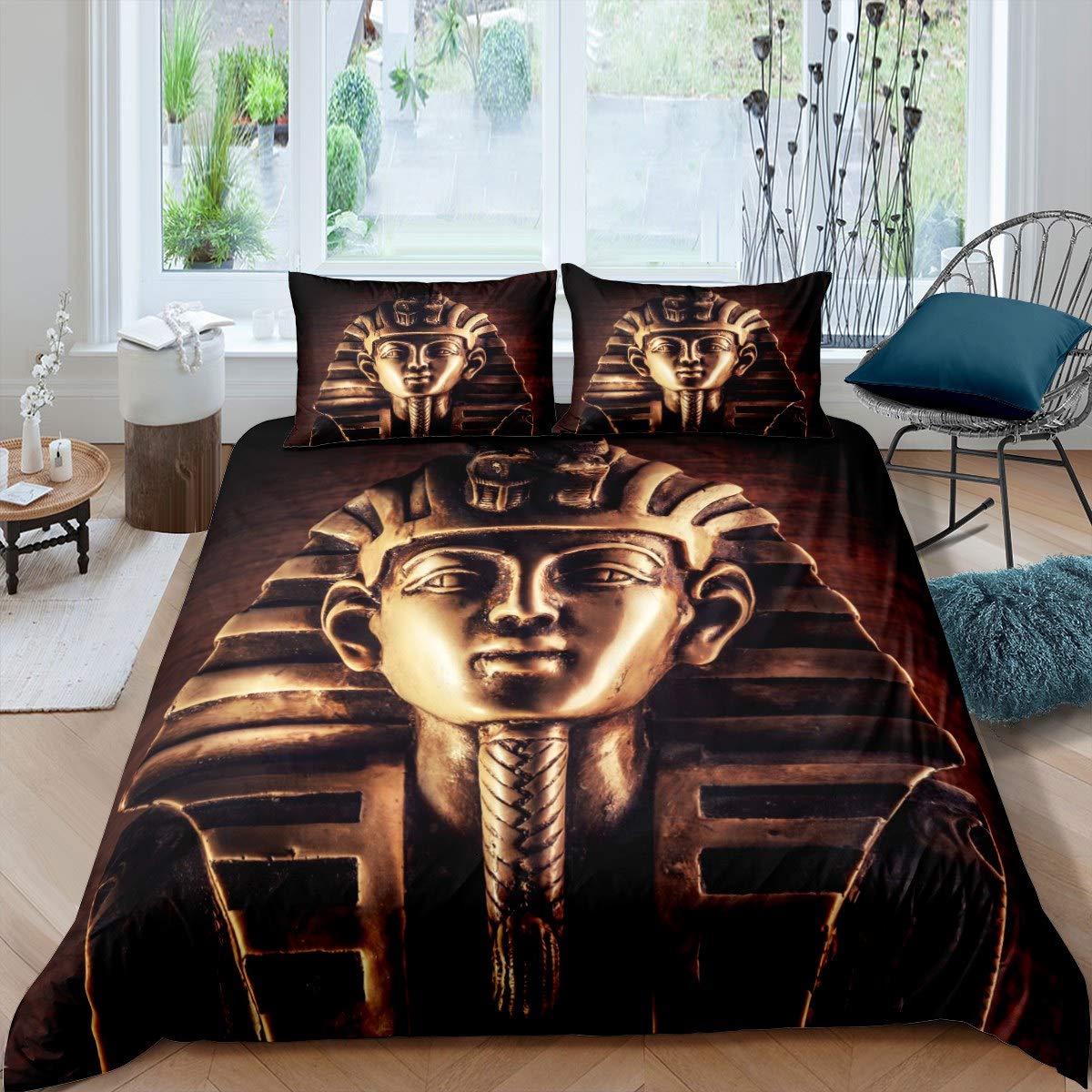 Loussiesd Pharaoh Duvet Cover Set 3D Pharaoh Print Bedding Set for Kids Boys Ancient Egypt Culture Comforter Cover Egyptian Tribe Quilt Cover Bedroom Collection 3Pcs Double Size