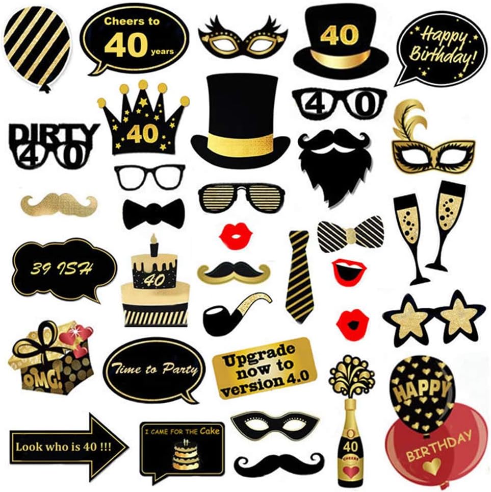 URSKYTOUS 40th Birthday Photo Booth Props 35 Pieces Photobooth Props Kits for Birthday Party Supplies Favors Decoration