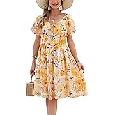 Kormei Women's Floral Print V Neck Dress Short Puff Sleeve Zipper A line Flare Short Dress