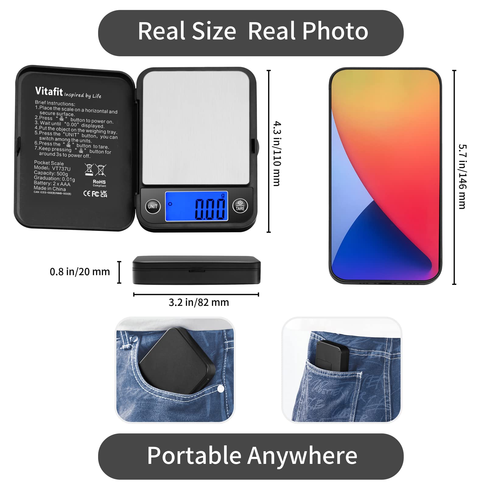 Vitafit 500g/0,01g Digitale Taschenwaage,Feinwaage,Digital Gramm Waage,Goldwaage Münzwaage mit LCD-Anzeige,Schmuckwaage,Schwarz 2