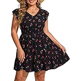 Talisea Womens Plus Size Summer Dress - Casual Beach Floral Print V Neck Ruffle Sleeve Flowy Short Sundress with Pockets