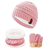 3Pcs Kids Winter Beanie Hat Scarf Gloves Set for 2-6-10-14 Years Old Boys Girls, Knit Thick Warm Fleece Lined Thermal Sets